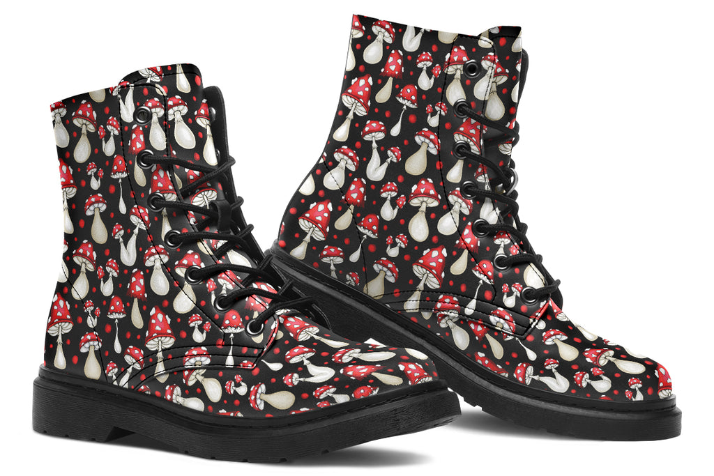 Black boots with a pattern of red and white mushrooms all over them