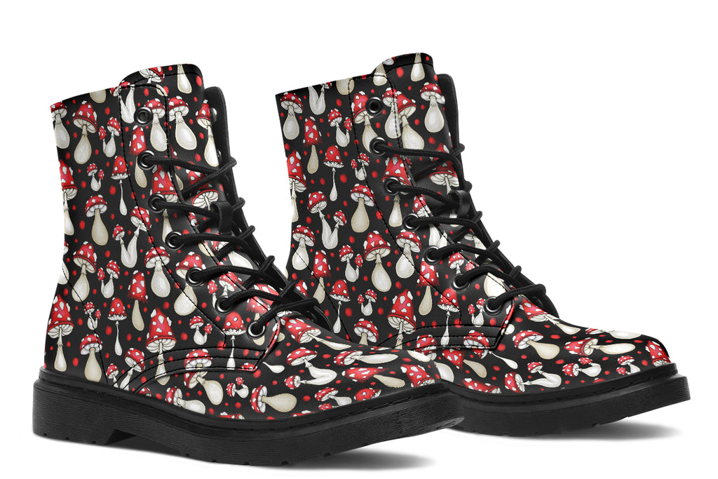 Black boots with a pattern of red and white mushrooms all over them