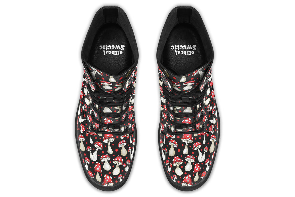 Black boots with a pattern of red and white mushrooms all over them