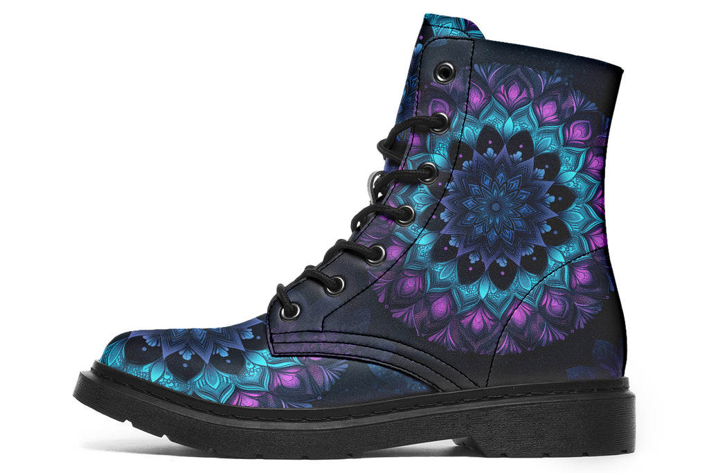 Boots featuring a mandala pattern in shades of blue and purple, on a black background