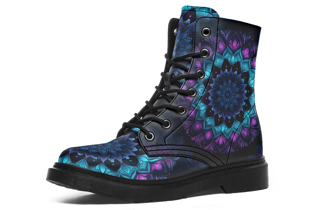Boots featuring a mandala pattern in shades of blue and purple, on a black background