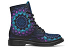 Boots featuring a mandala pattern in shades of blue and purple, on a black background
