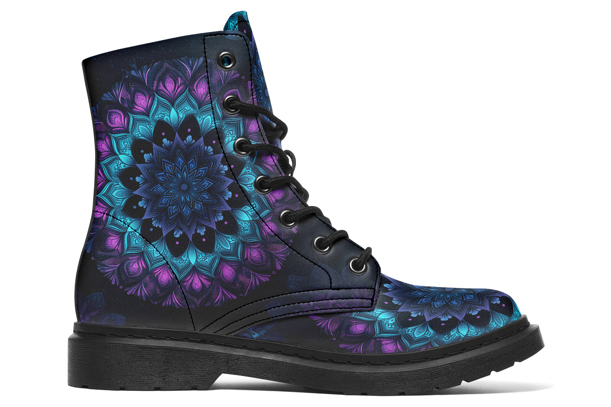 Boots featuring a mandala pattern in shades of blue and purple, on a black background