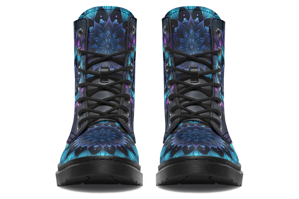 Boots featuring a mandala pattern in shades of blue and purple, on a black background