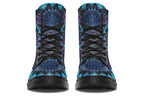 Boots featuring a mandala pattern in shades of blue and purple, on a black background