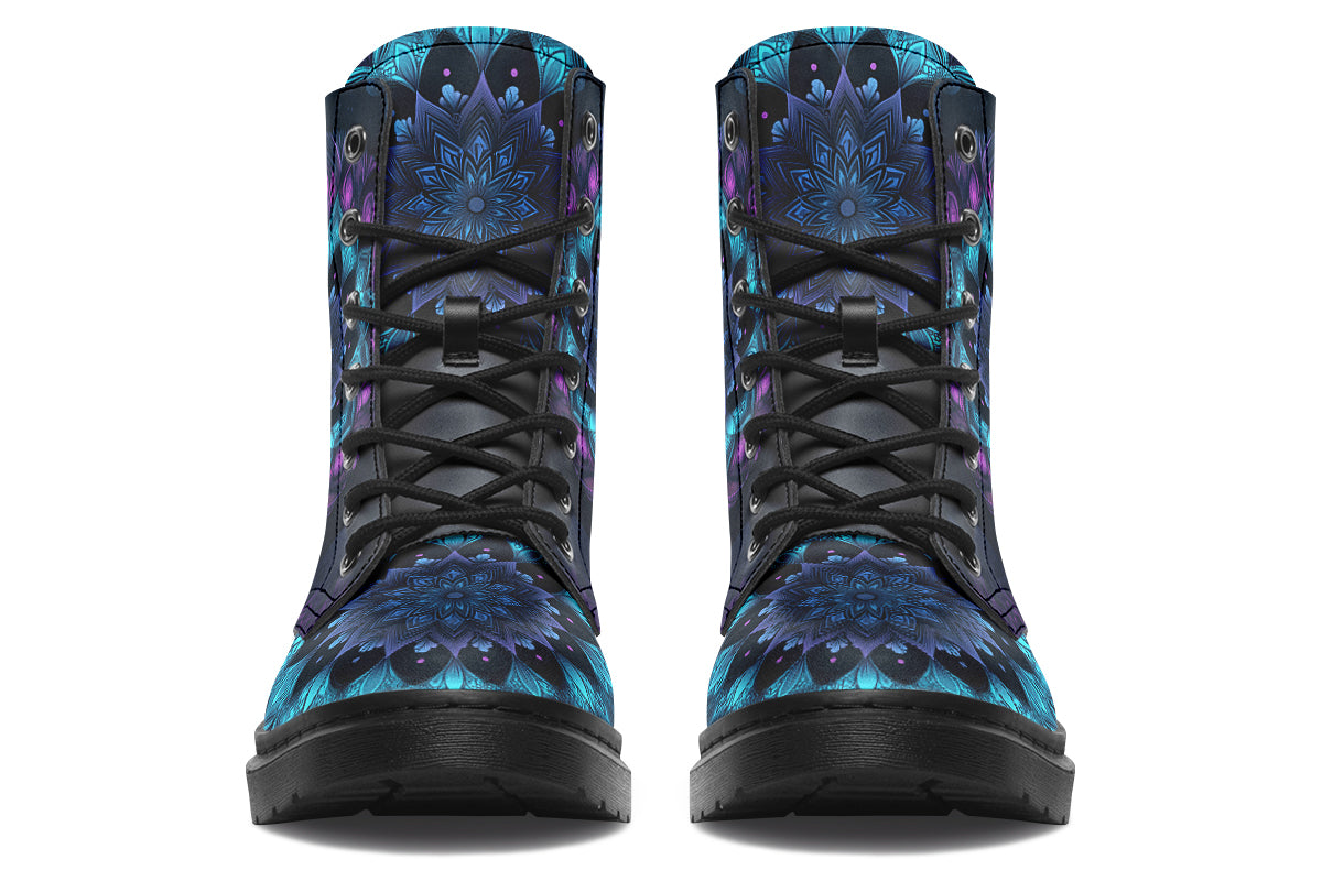 Boots featuring a mandala pattern in shades of blue and purple, on a black background