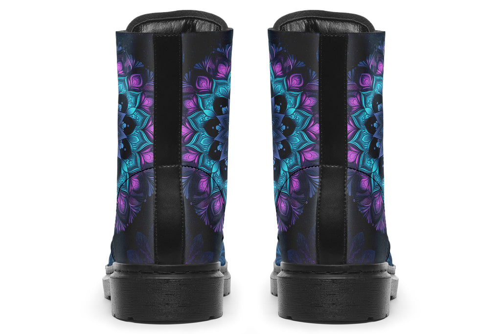 Boots featuring a mandala pattern in shades of blue and purple, on a black background