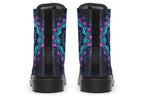 Boots featuring a mandala pattern in shades of blue and purple, on a black background