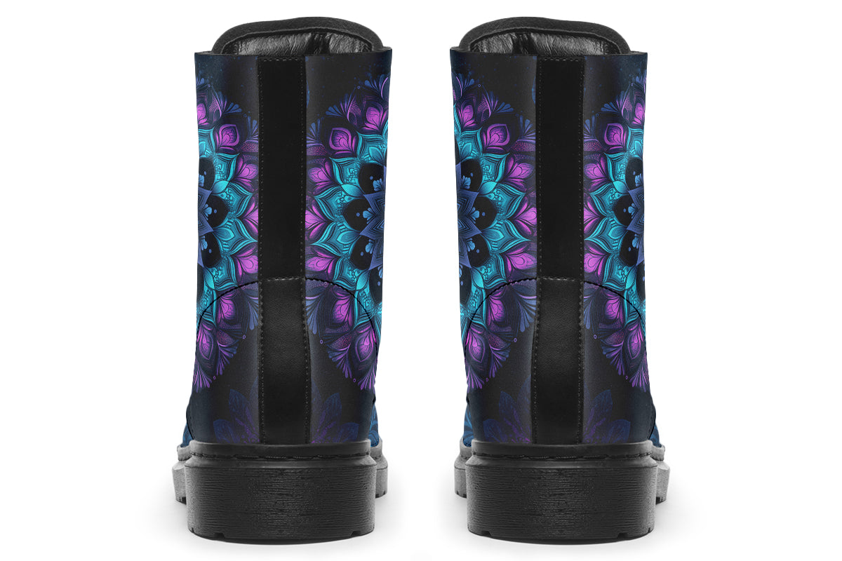 Boots featuring a mandala pattern in shades of blue and purple, on a black background