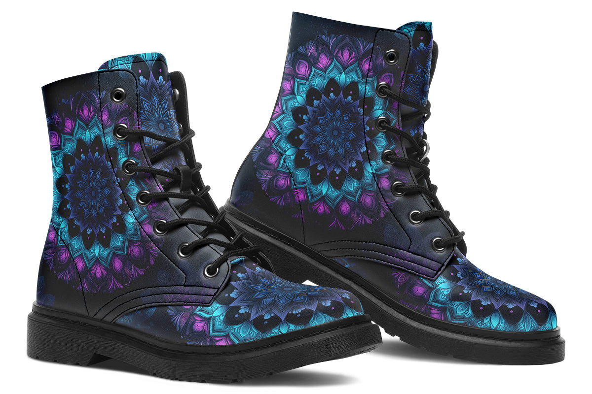 Boots featuring a mandala pattern in shades of blue and purple, on a black background