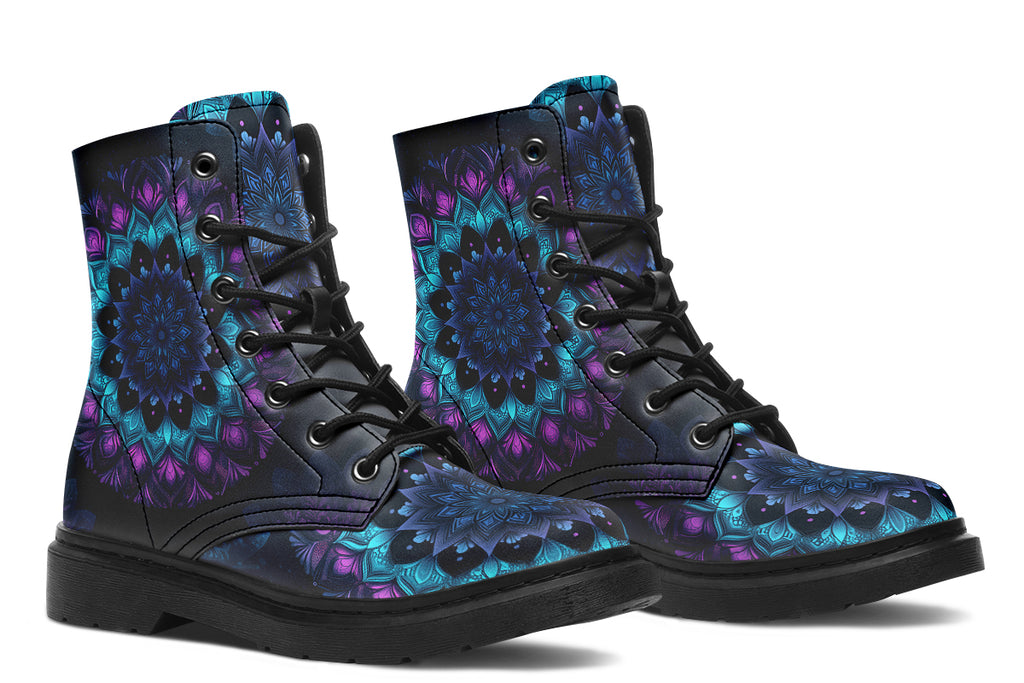 Boots featuring a mandala pattern in shades of blue and purple, on a black background