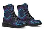 Boots featuring a mandala pattern in shades of blue and purple, on a black background