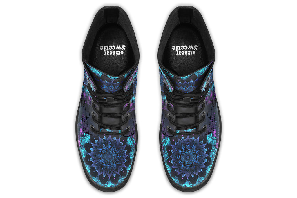 Boots featuring a mandala pattern in shades of blue and purple, on a black background