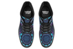 Boots featuring a mandala pattern in shades of blue and purple, on a black background
