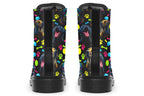 Black boots with a repetitive pattern of dog faces and neon paw prints, dog bowls and dog bones.