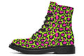 Neon green boots with a neon pink leopard print design