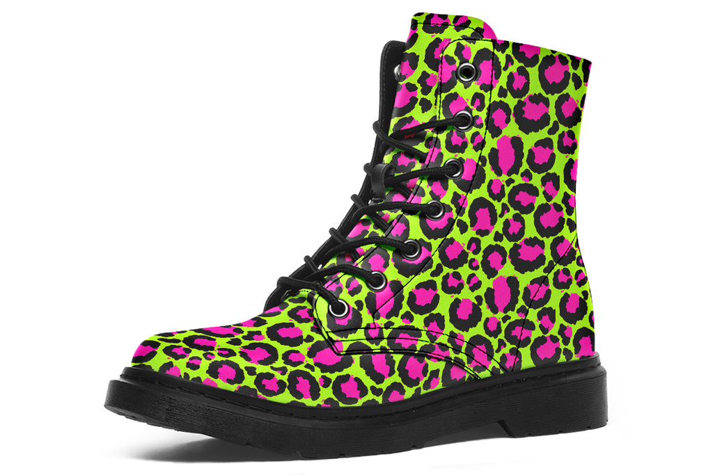 Neon green boots with a neon pink leopard print design