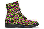 Neon green boots with a neon pink leopard print design