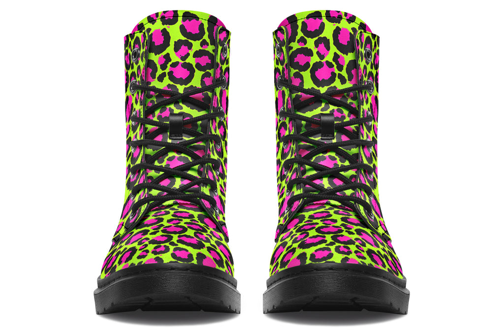 Neon green boots with a neon pink leopard print design