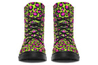 Neon green boots with a neon pink leopard print design