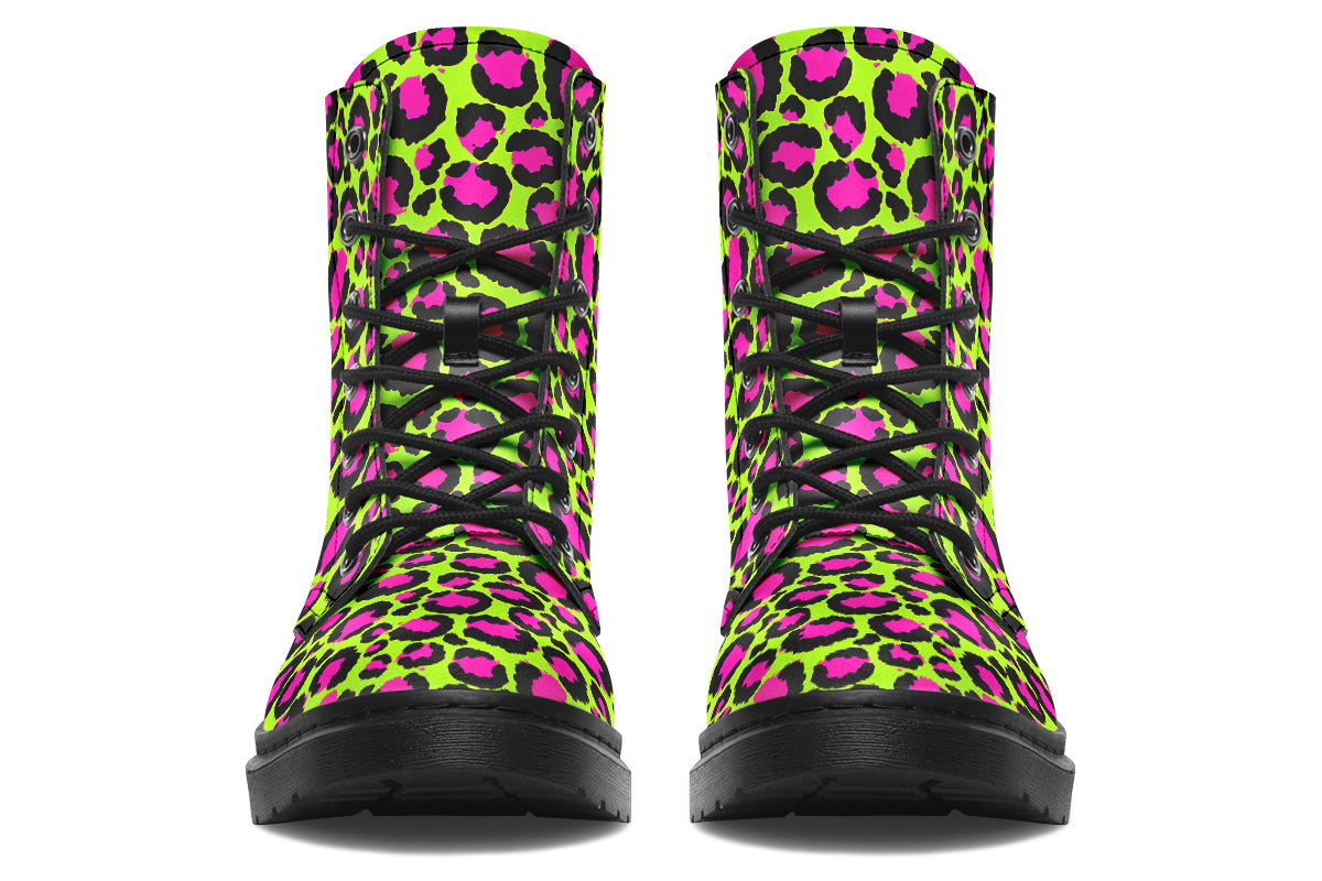 Neon green boots with a neon pink leopard print design