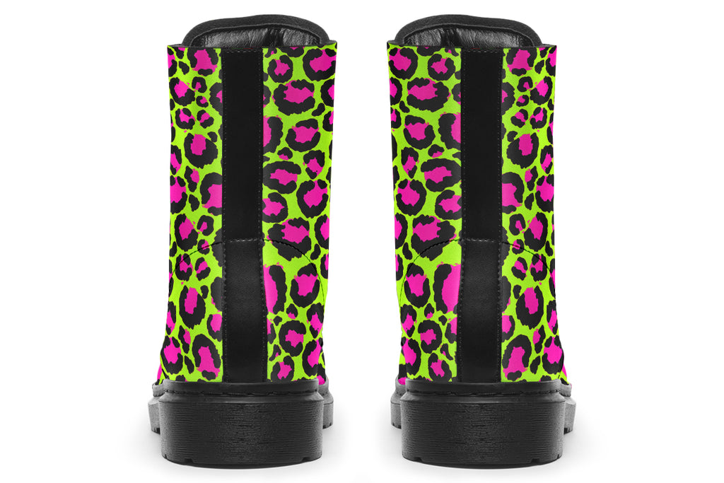 Neon green boots with a neon pink leopard print design