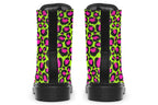 Neon green boots with a neon pink leopard print design