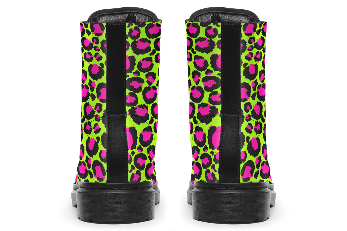 Neon green boots with a neon pink leopard print design