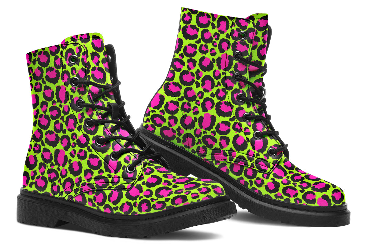 Neon green boots with a neon pink leopard print design
