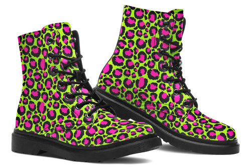 Neon green boots with a neon pink leopard print design