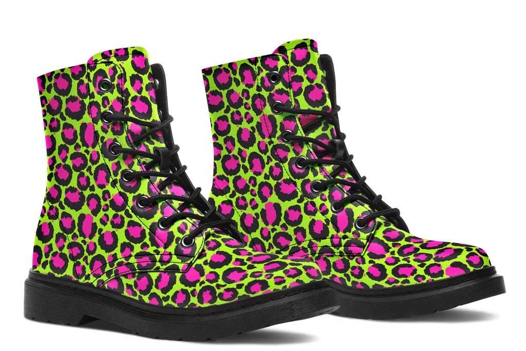 Neon green boots with a neon pink leopard print design