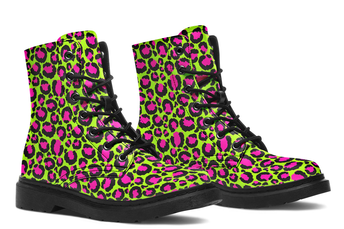 Neon green boots with a neon pink leopard print design
