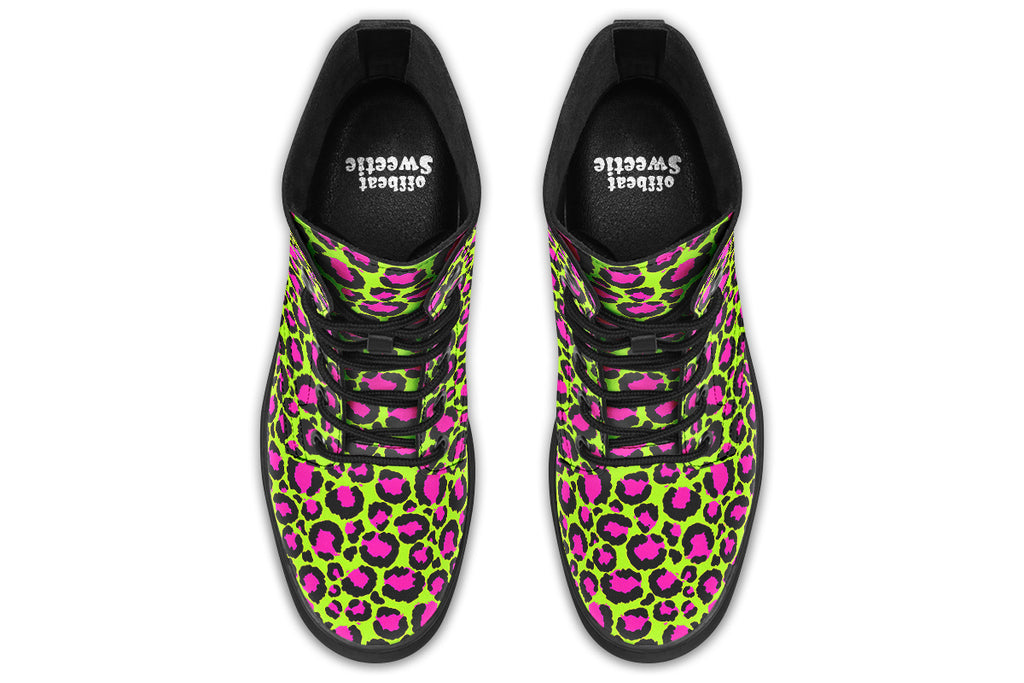 Neon green boots with a neon pink leopard print design