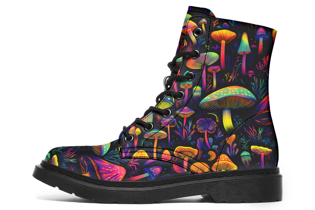 Boots featuring a pattern of colourful neon mushrooms on a black background