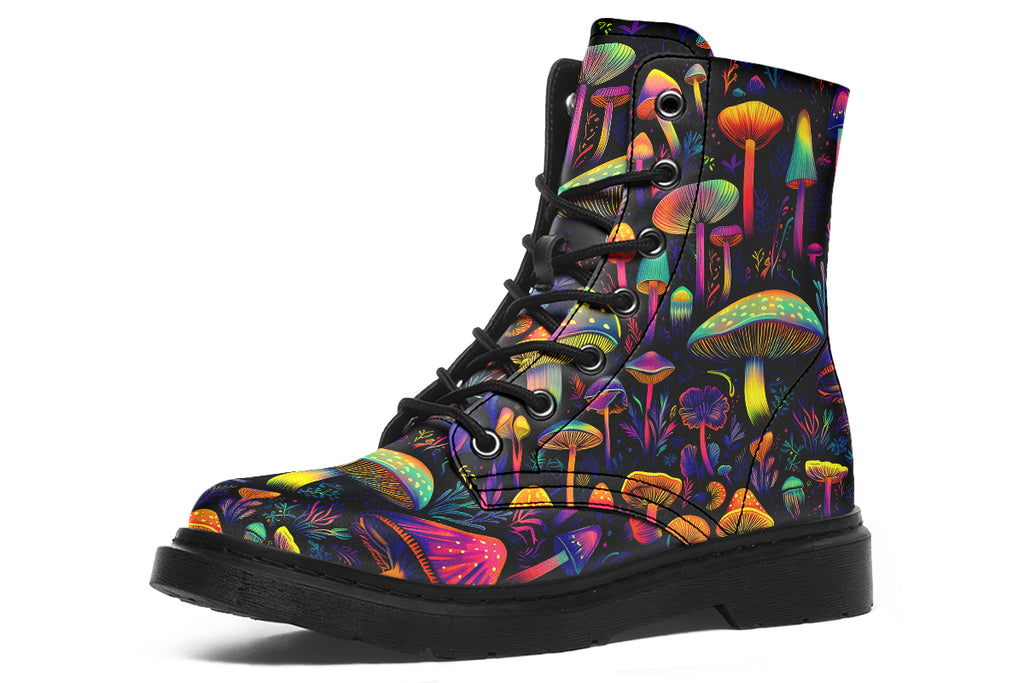 Boots featuring a pattern of colourful neon mushrooms on a black background