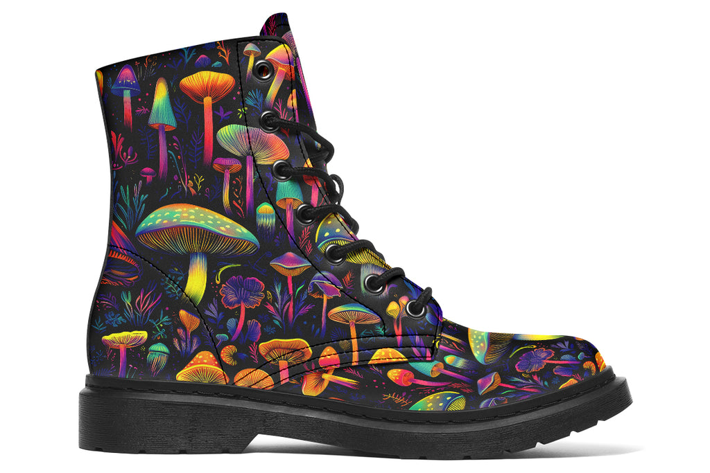 Boots featuring a pattern of colourful neon mushrooms on a black background