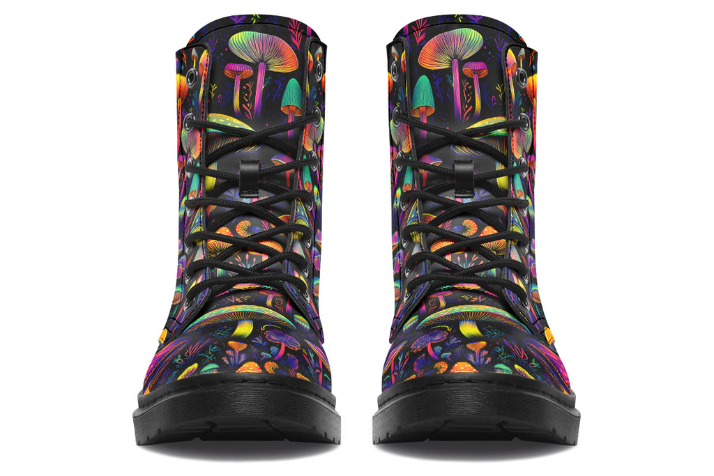 Boots featuring a pattern of colourful neon mushrooms on a black background