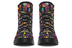 Boots featuring a pattern of colourful neon mushrooms on a black background