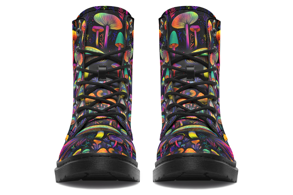 Boots featuring a pattern of colourful neon mushrooms on a black background