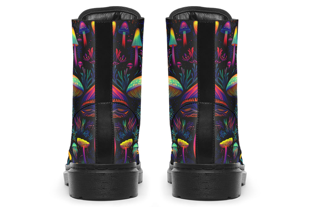 Boots featuring a pattern of colourful neon mushrooms on a black background