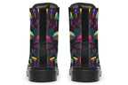 Boots featuring a pattern of colourful neon mushrooms on a black background