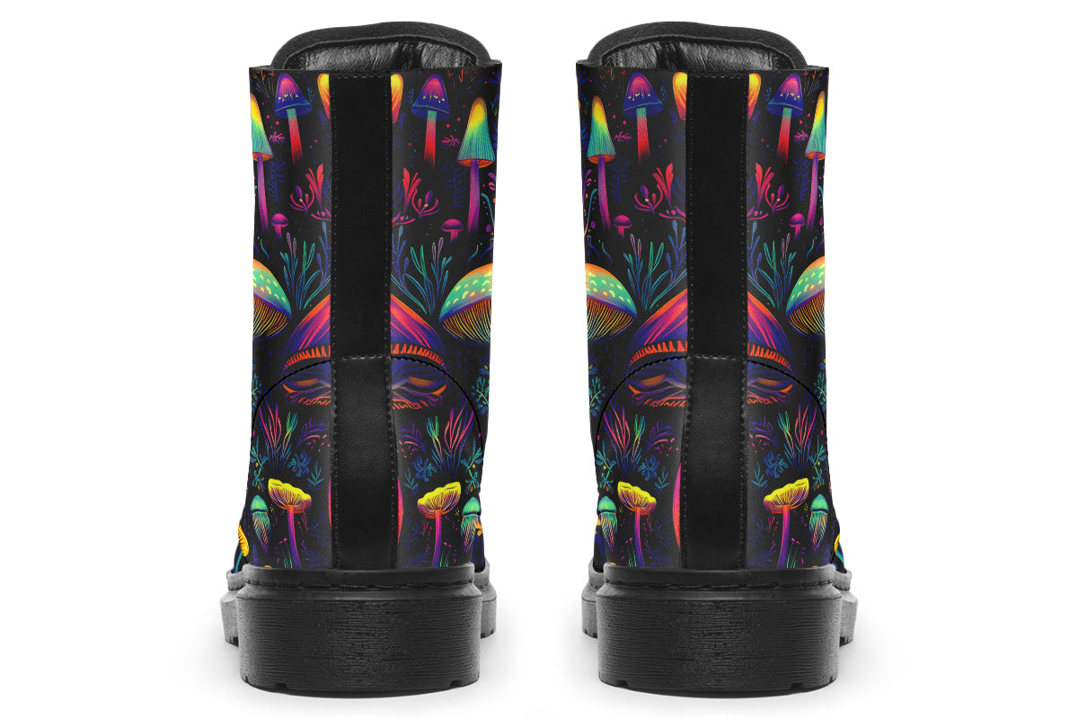 Boots featuring a pattern of colourful neon mushrooms on a black background