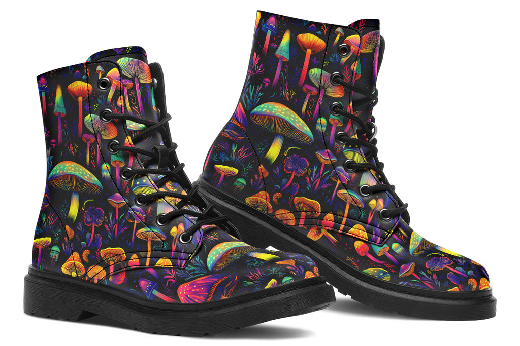 Boots featuring a pattern of colourful neon mushrooms on a black background