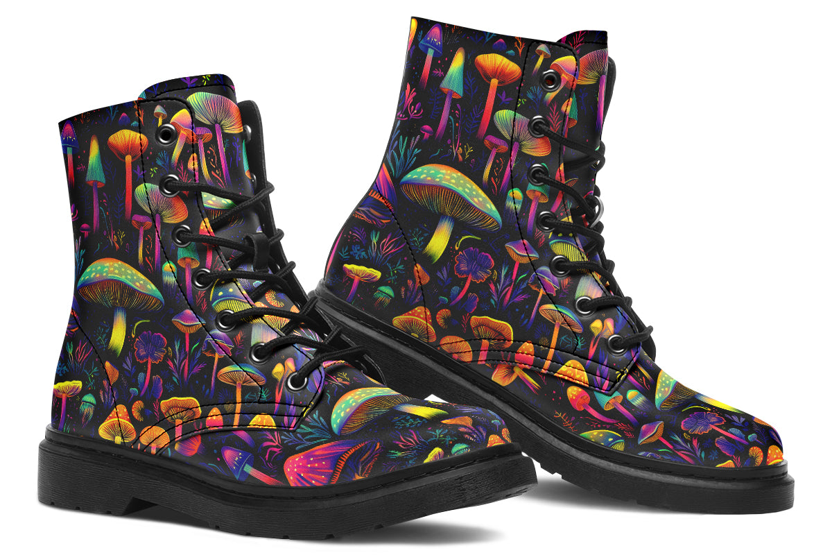 Boots featuring a pattern of colourful neon mushrooms on a black background