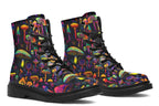 Boots featuring a pattern of colourful neon mushrooms on a black background