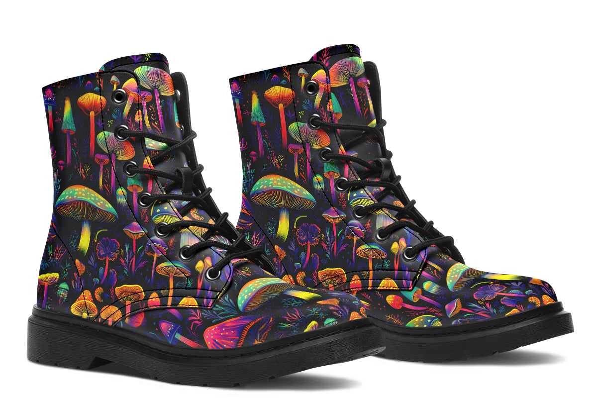 Boots featuring a pattern of colourful neon mushrooms on a black background