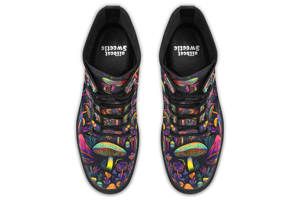 Boots featuring a pattern of colourful neon mushrooms on a black background
