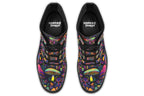 Boots featuring a pattern of colourful neon mushrooms on a black background