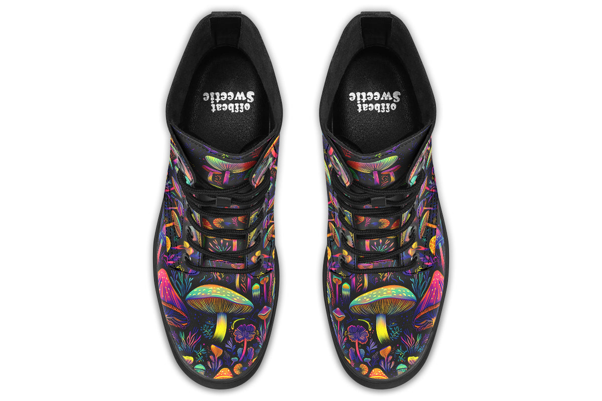 Boots featuring a pattern of colourful neon mushrooms on a black background