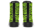 Boots featuring a zebra print in black and neon green